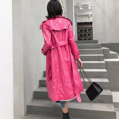 Womens Pink Patent Double Breasted Real Leather Trench Coat