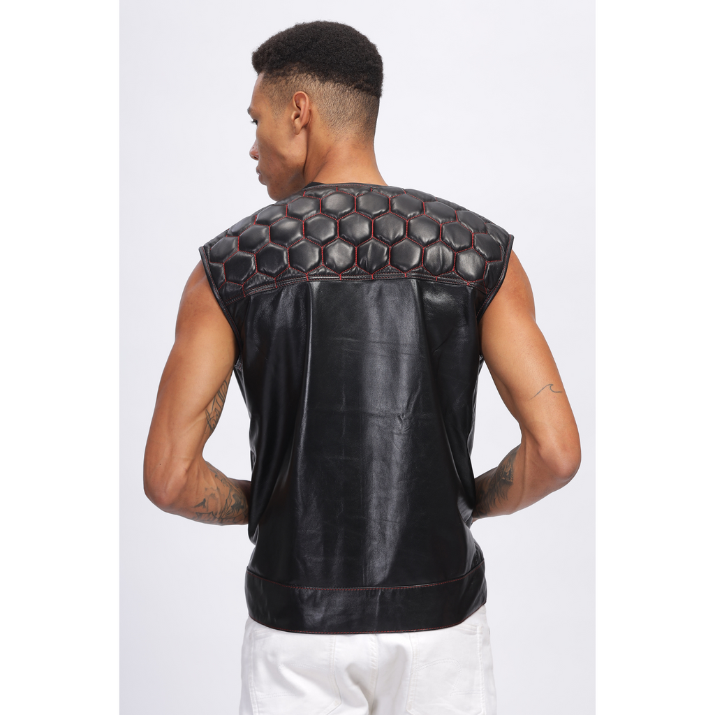 Mens Black Honeycomb Quilted Leather Vest Coat