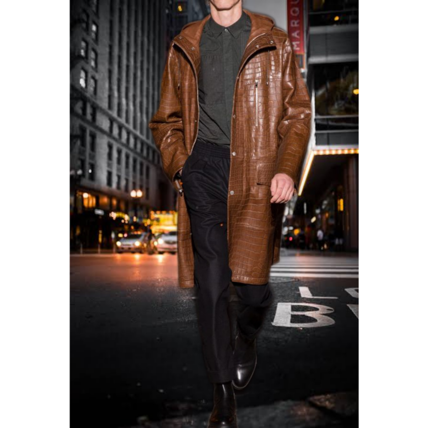 Men's Brown Croc Embossed Effect Hooded Real Leather Long Coat