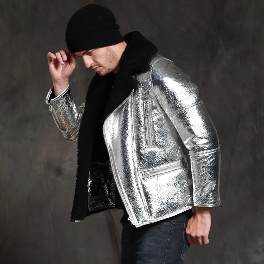 Men's Silver Metallic Foil Real Lambskin Black Furr Aviator Pilot Shearling Coat