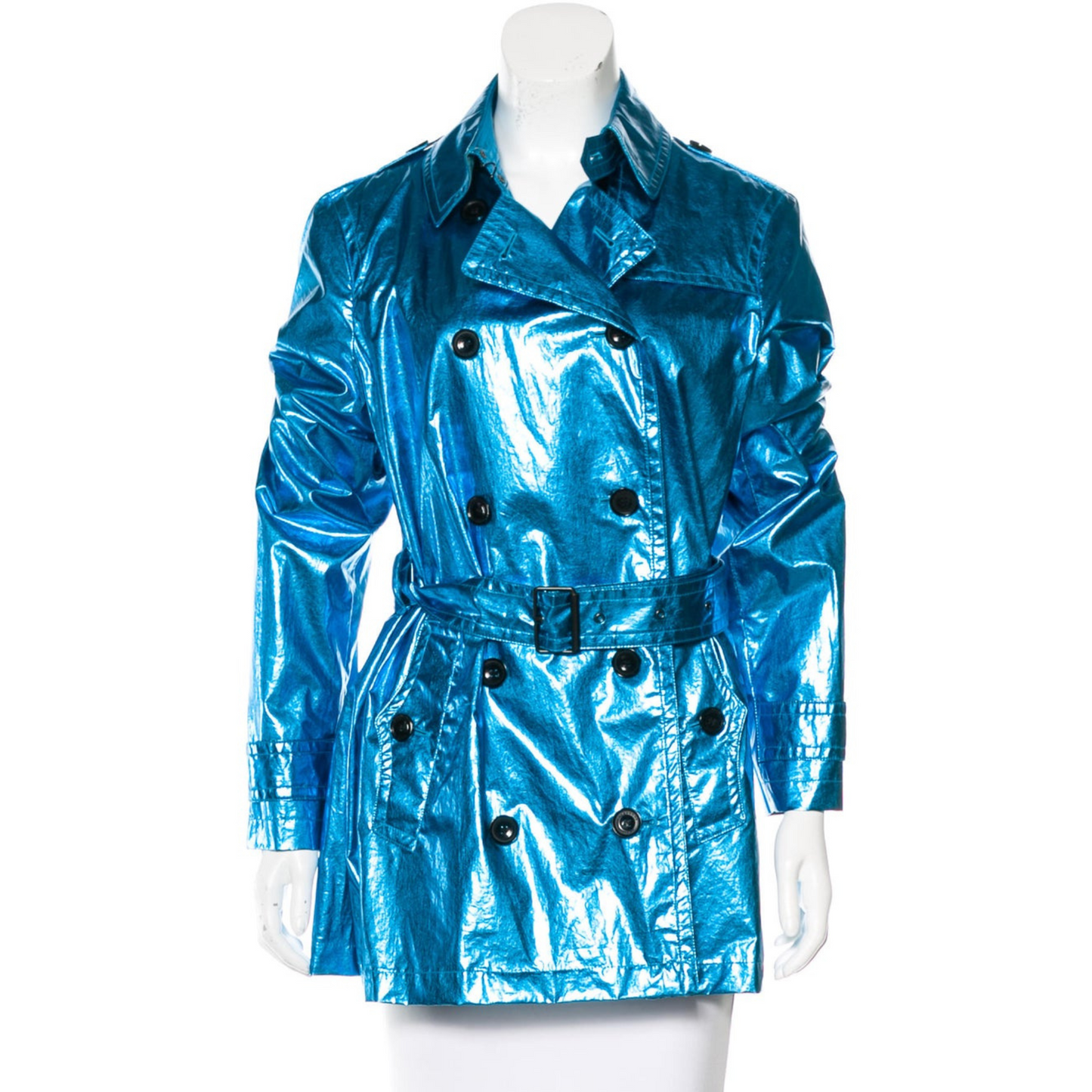 Women's Light Blue Metallic Foil Effect Double Breasted Short Leather Trench Coat