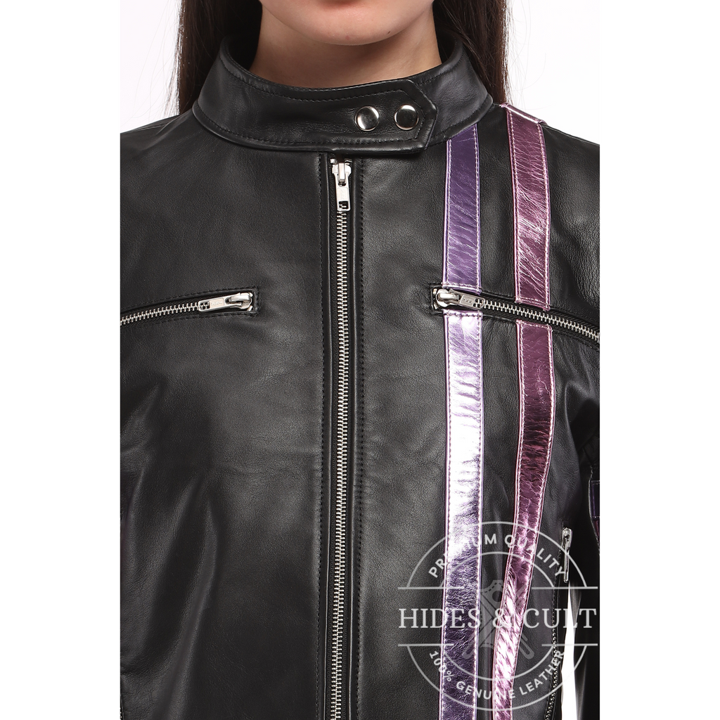 Womens Black Racer Leather Jacket with Metallic Foil Stripes