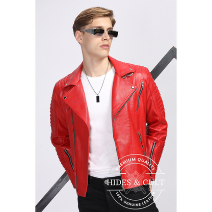 Mens Rich Red Slim Fit Motorcycle Biker Leather Jacket