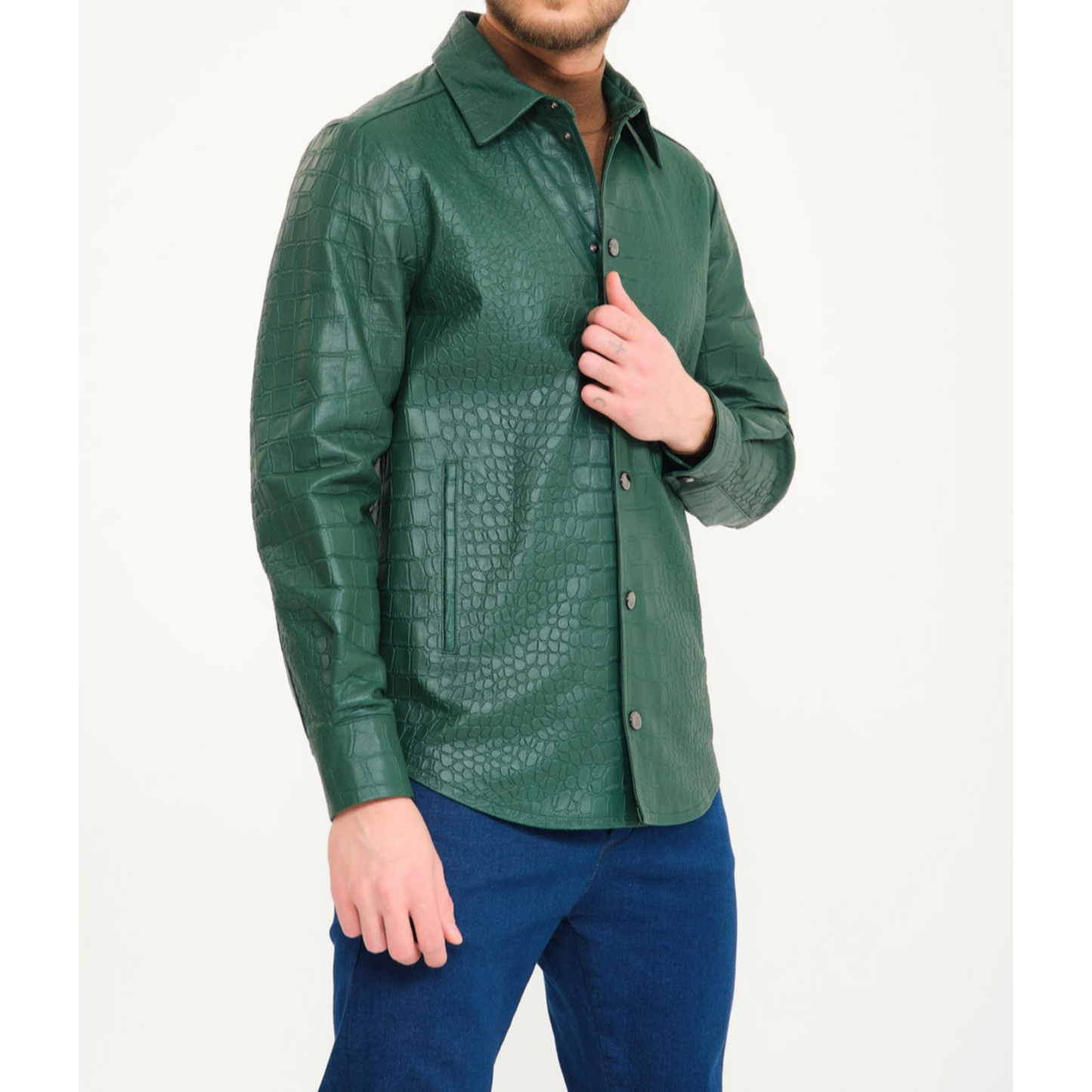 Mens Green Croc Embossed Effect Genuine Lambskin Leather Shirt