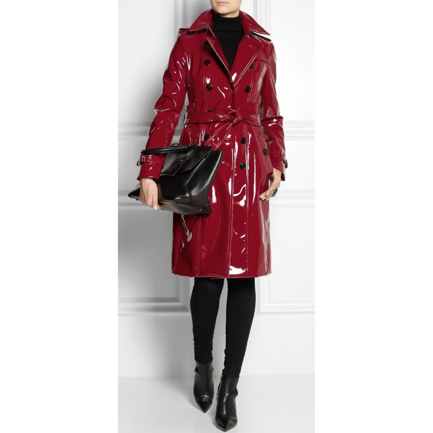 Womens Dark Red Patent Double Breasted Real Leather Trench Coat