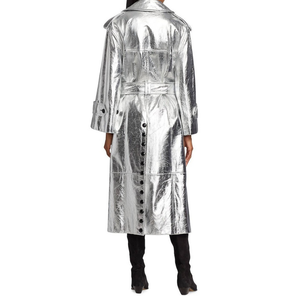 Women's Silver Metallic Foil Effect Double Breasted Real Leather Trench Coat