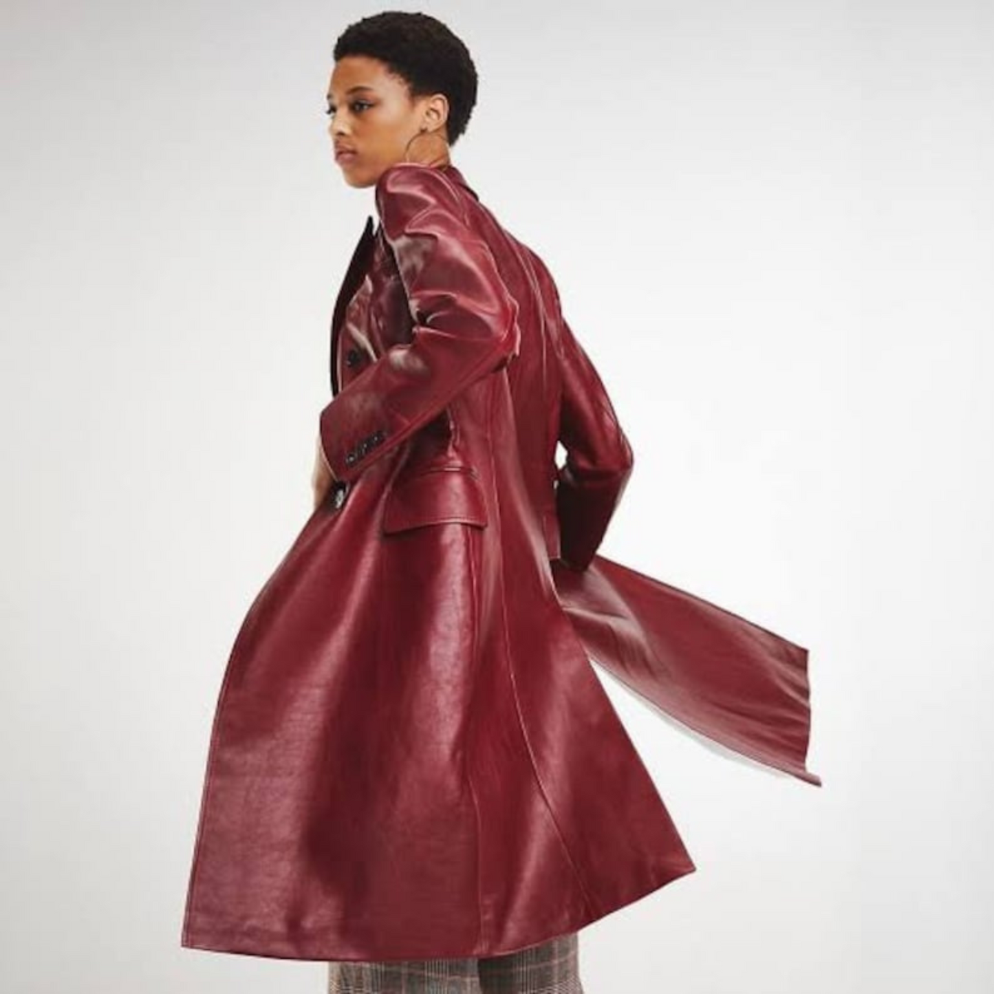 Zendaya Burgundy Double Breasted Leather Trench Coat