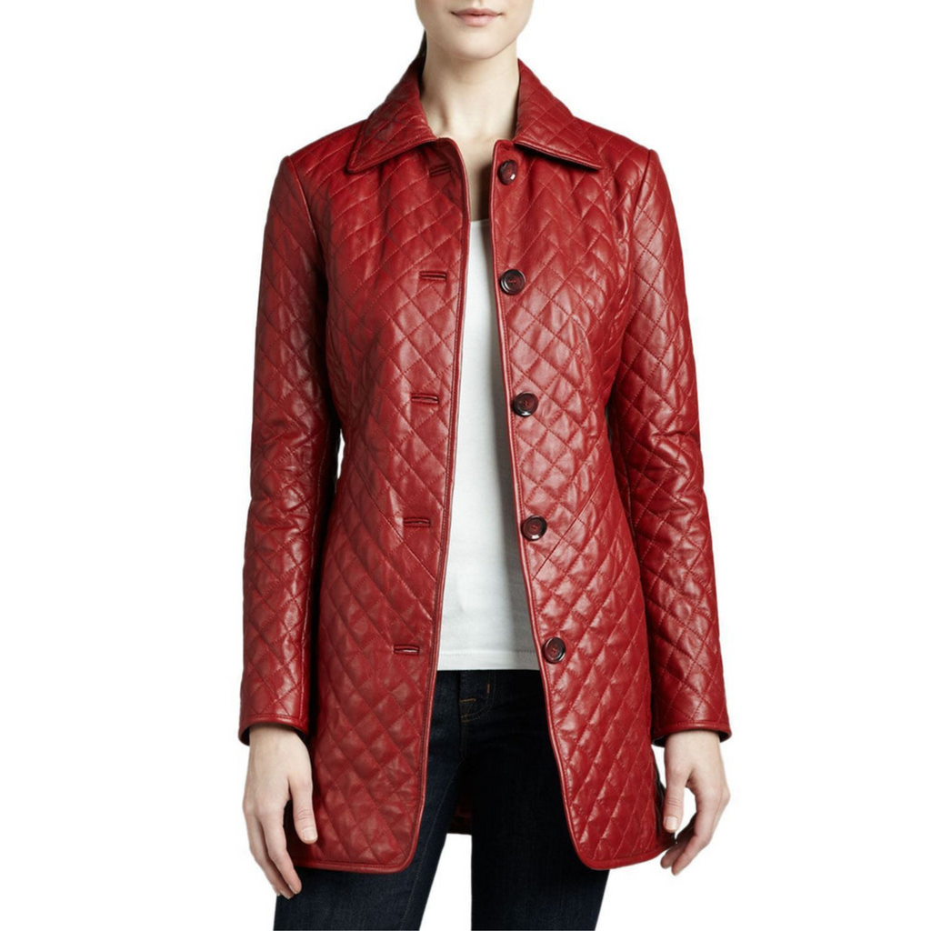 Women's Red Quilted Short Leather Trench Coat