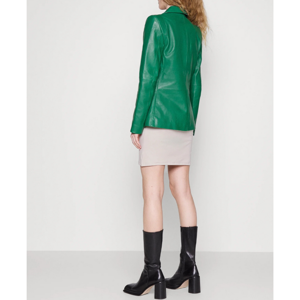 Women's Green Single Buttoned Genuine Leather Blazer