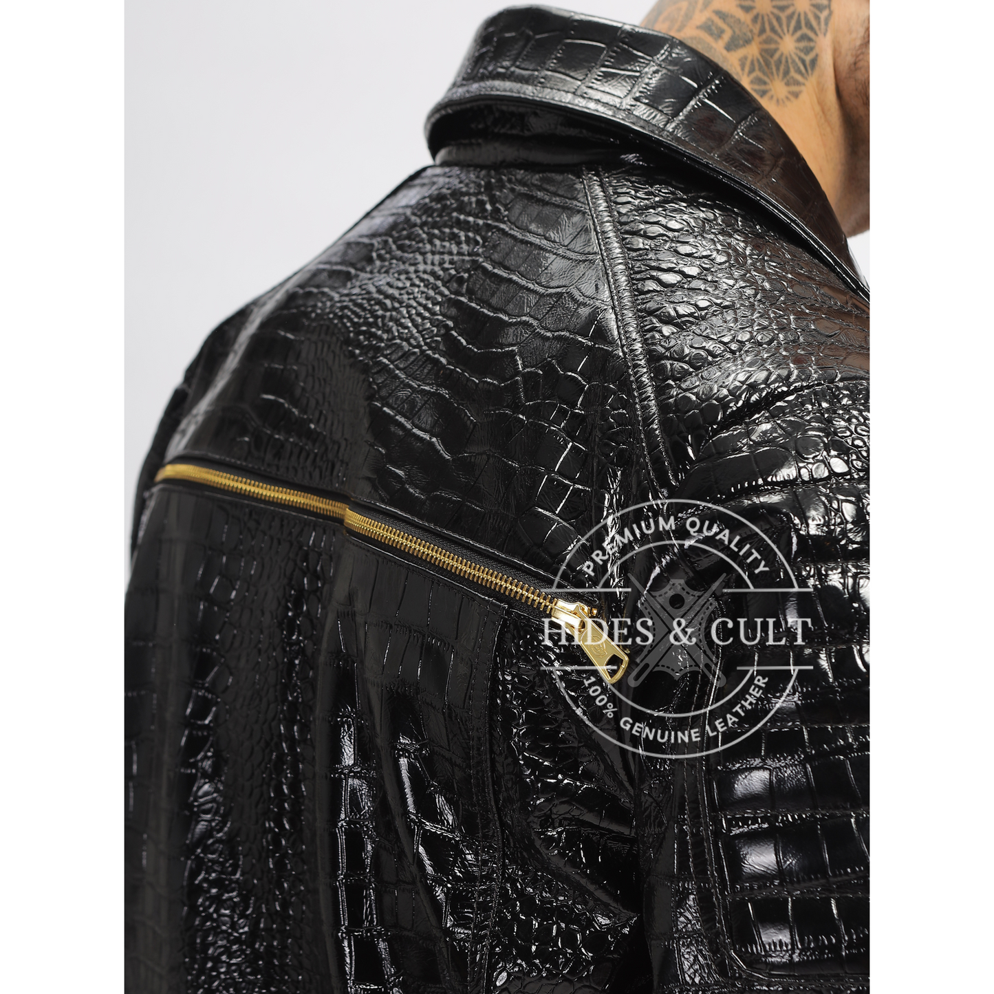 Mens Black Patent Croc Motorcycle Biker Gold Zip Leather Jacket