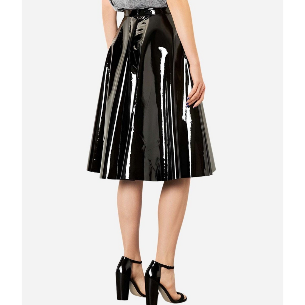 Women's Black Patent Vinyl Effect Pleated Genuine Leather Skirt