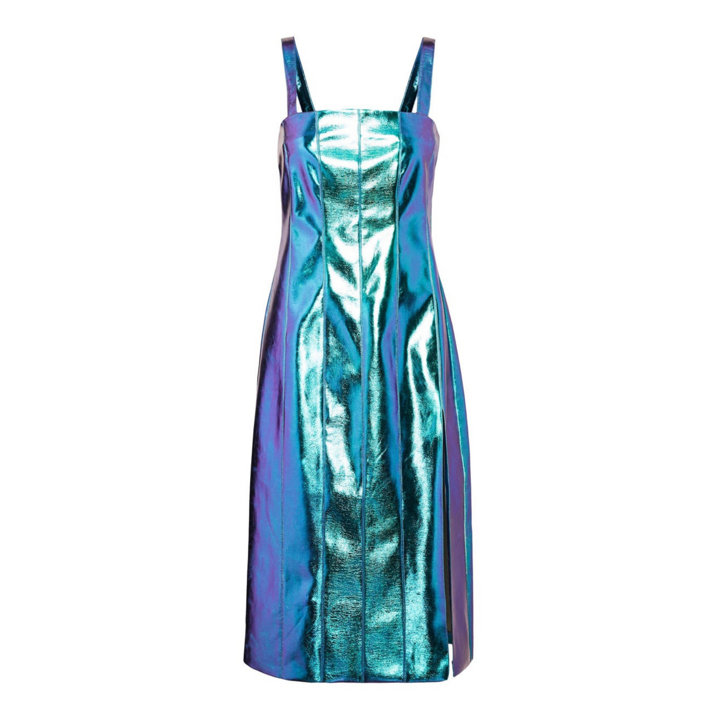 Women's Iridescent Blue Metallic Foil Panelled Leather Dress