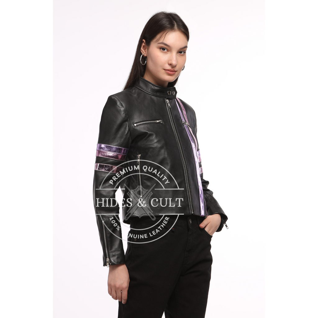 Womens Black Racer Leather Jacket with Metallic Foil Stripes