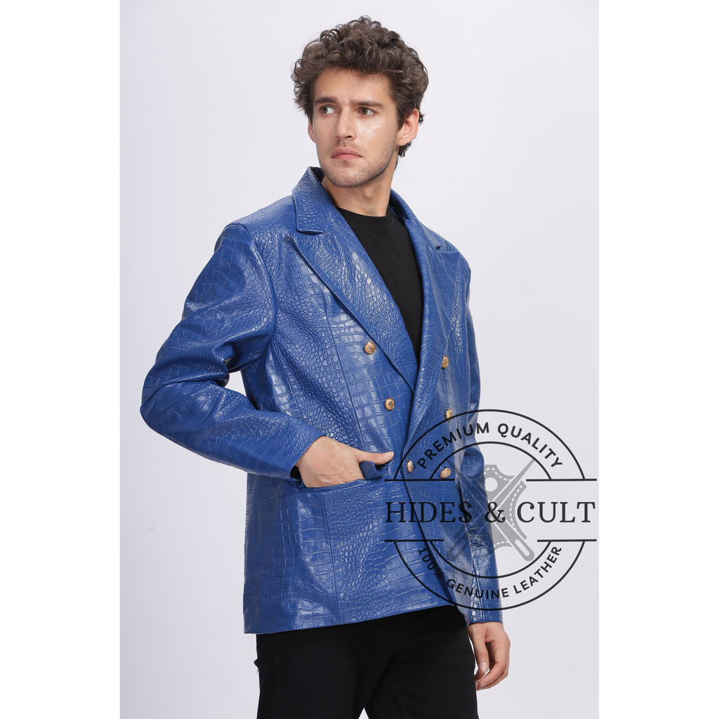 Mens Electric Blue Double Breasted Croc Leather Blazer