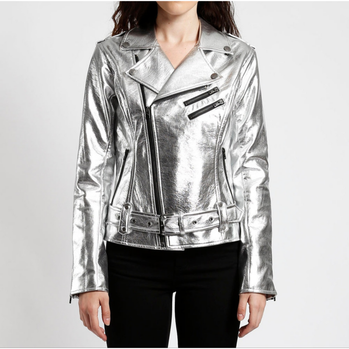 Women's Silver Metallic Foil Belted Motorcycle Biker Leather Jacket