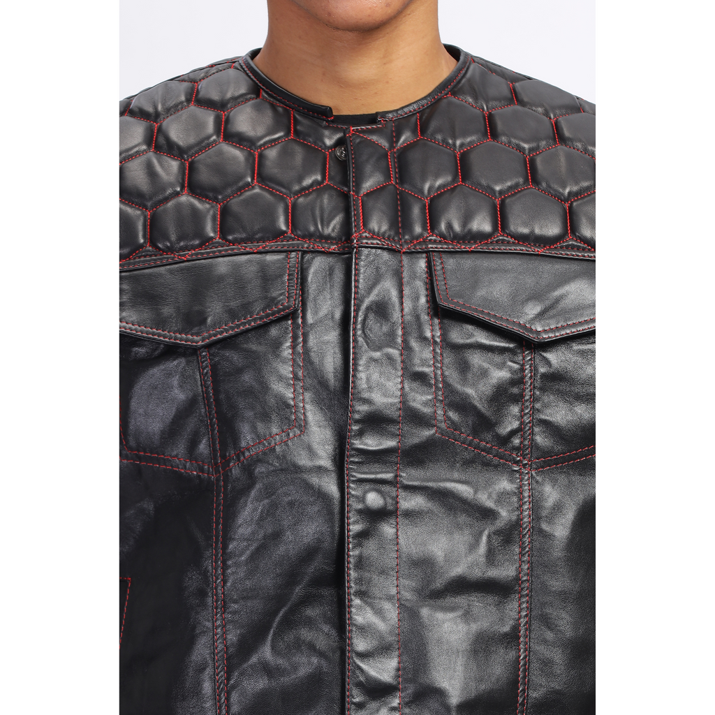 Mens Black Honeycomb Quilted Leather Vest Coat