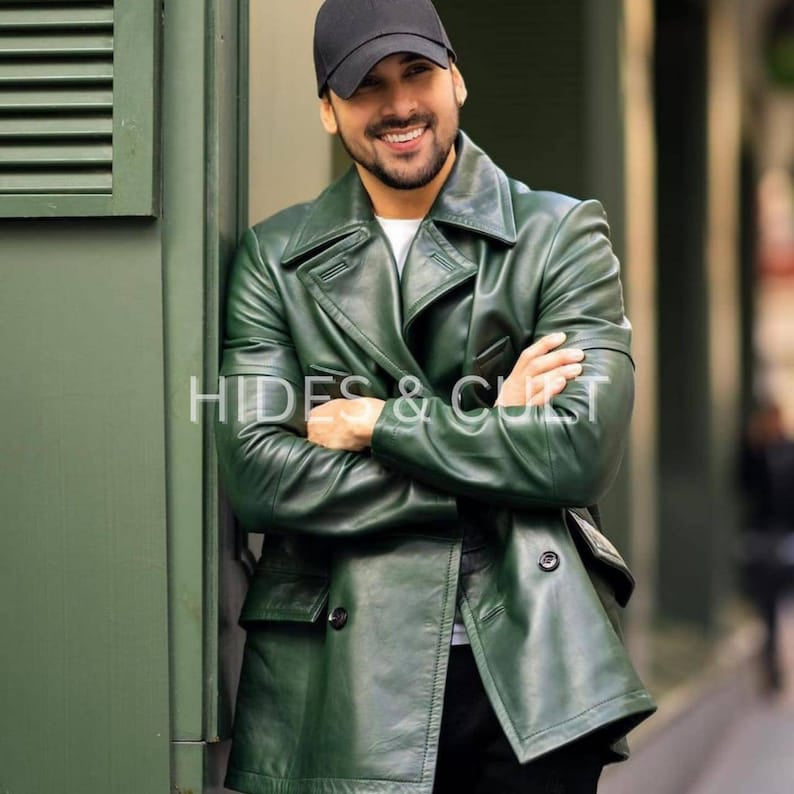 Mens Olive Green Double Breasted Leather Trench Coat Short Coat