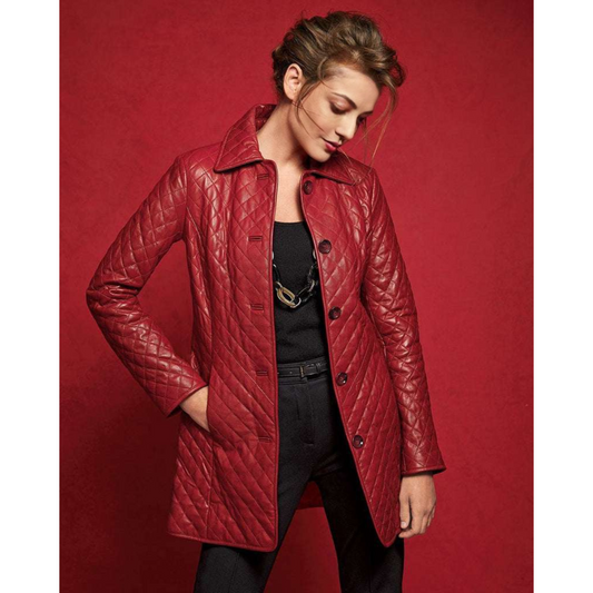 Women's Red Quilted Short Leather Trench Coat