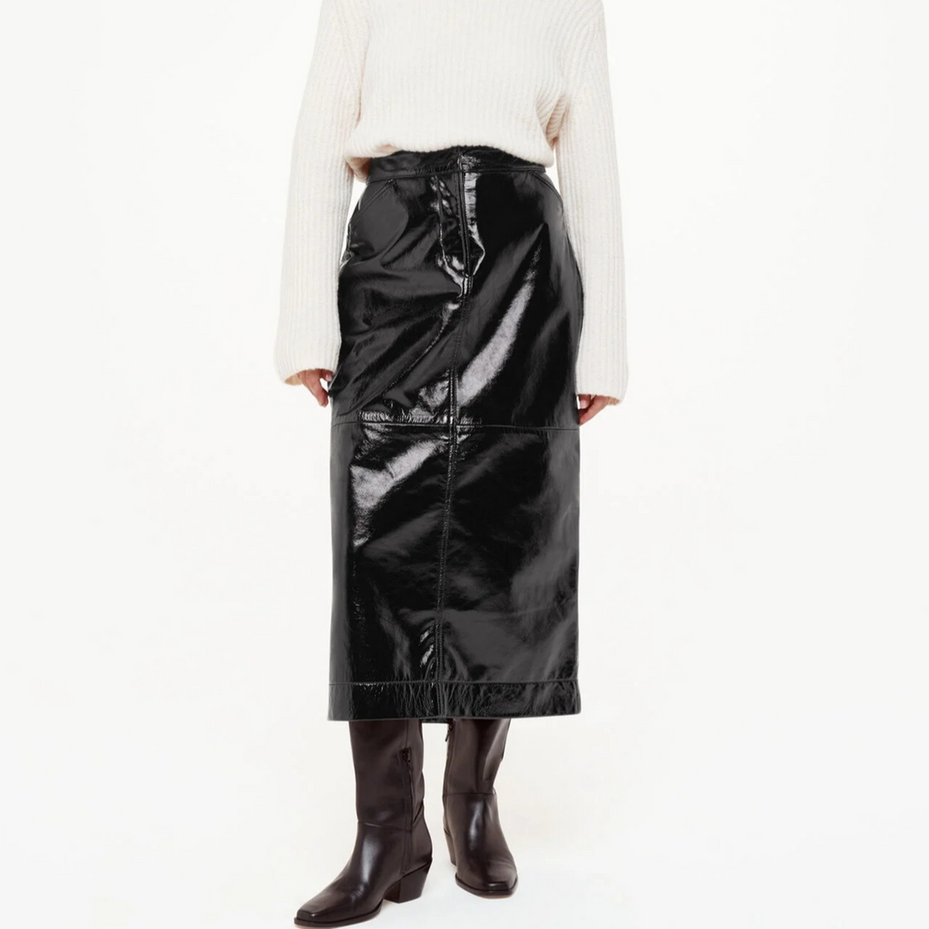 Womens Black Patent Vinyl Effect Panelled A Line Long Leather Skirt