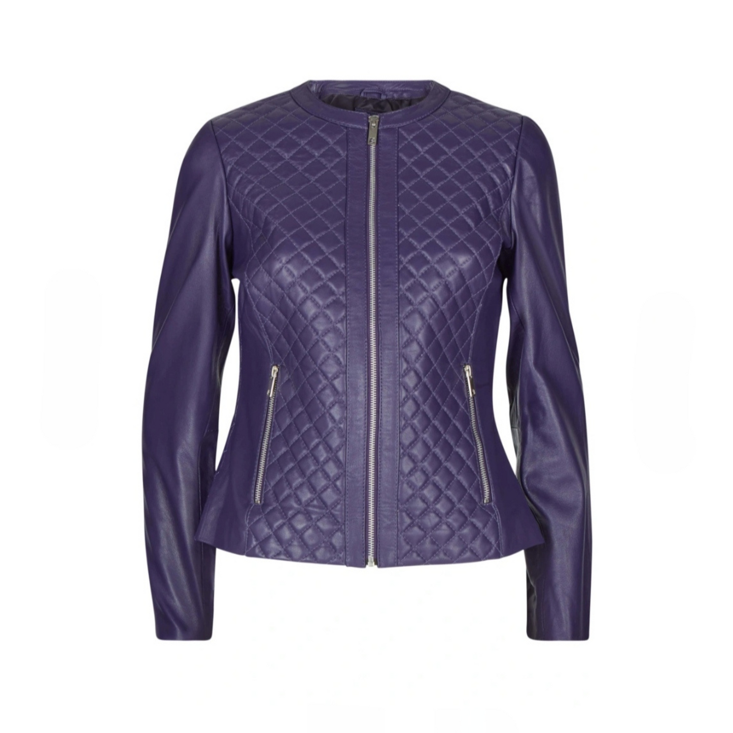 Women's Purple Slim Fit Quilted Round Neck Leather Jacket | Hides&Cult