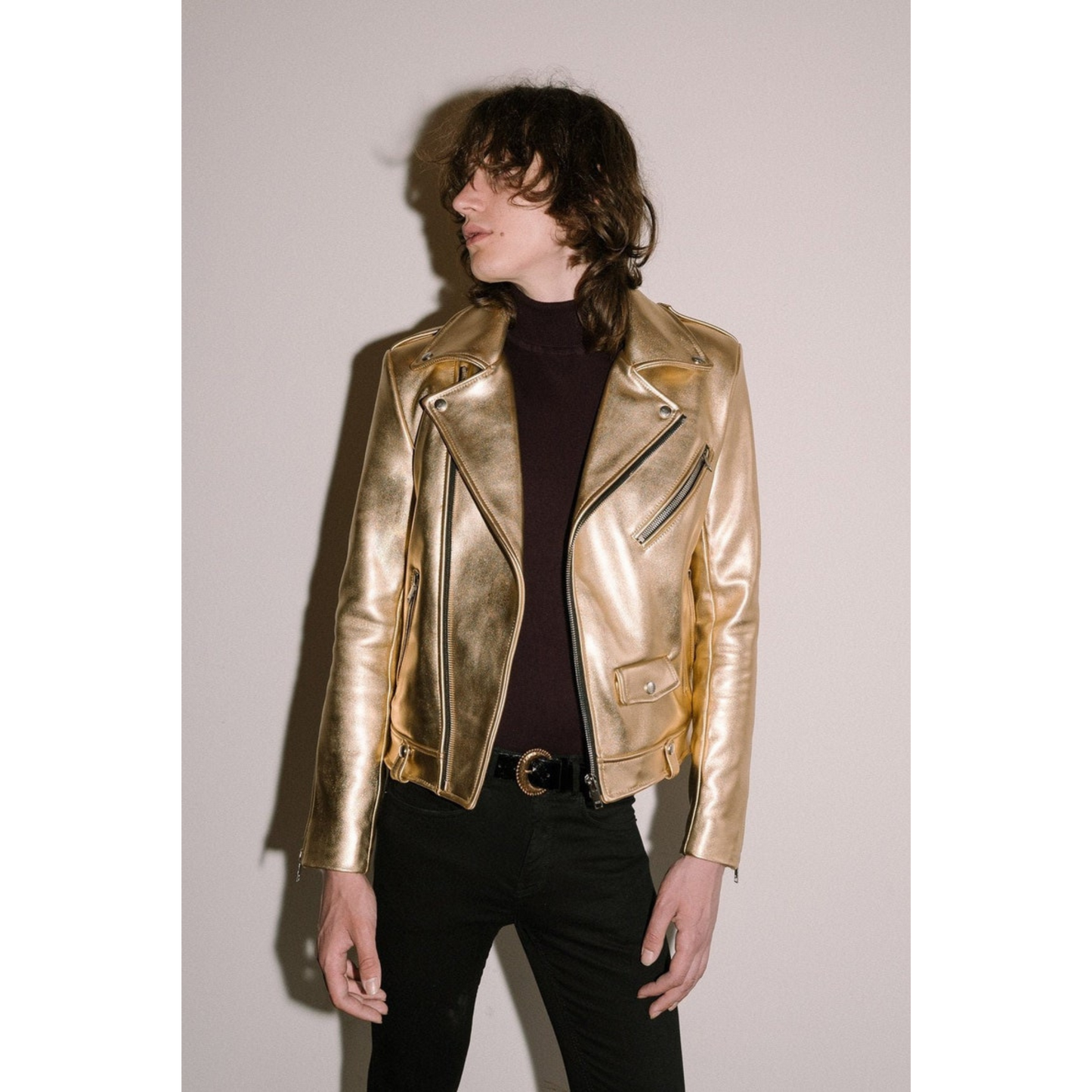 Mens Gold Metallic Foil Motorcycle Biker Leather Jacket