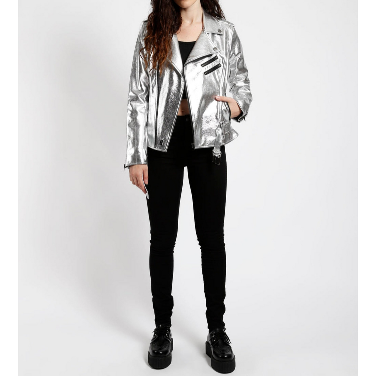 Women's Silver Metallic Foil Belted Motorcycle Biker Leather Jacket