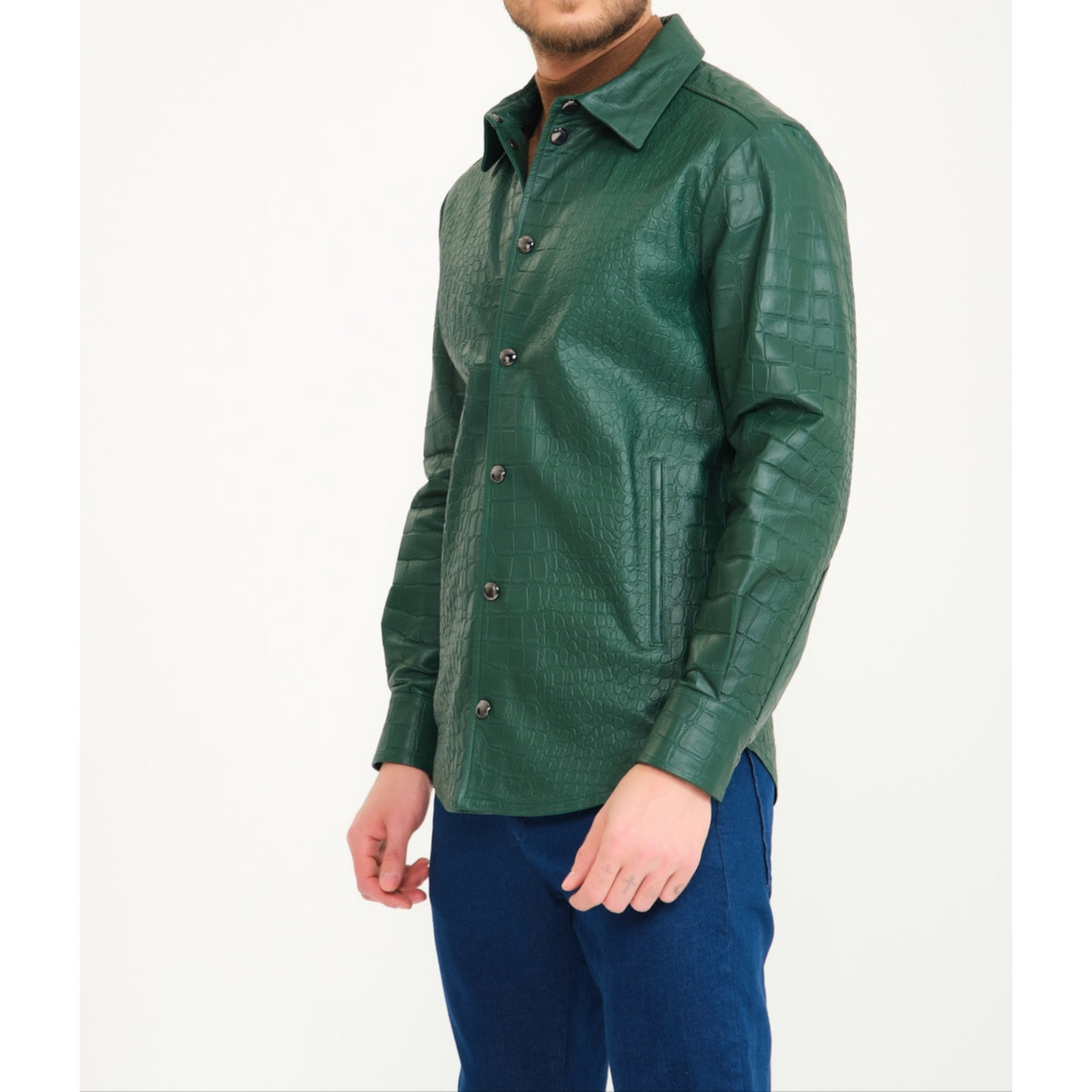 Mens Green Croc Embossed Effect Genuine Lambskin Leather Shirt