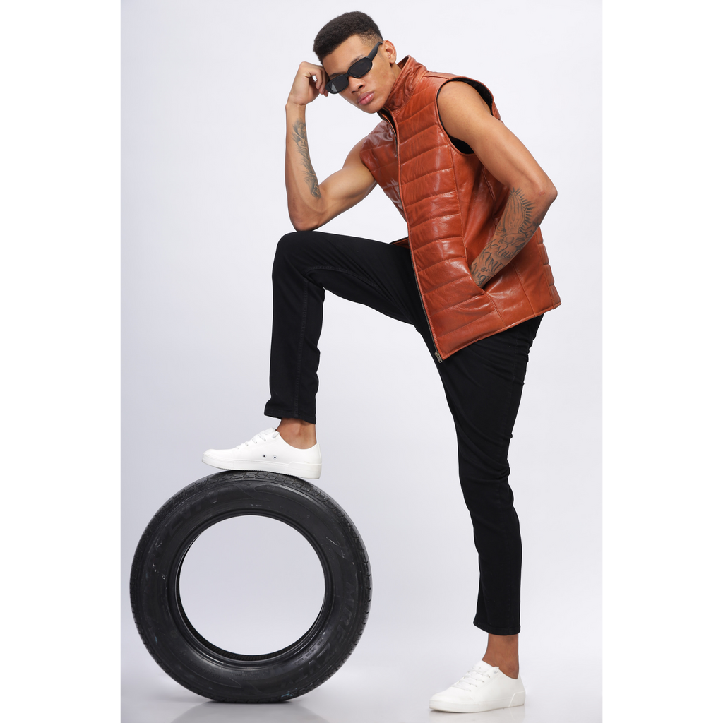 Mens Vintage Crunch Tan Puffer Style Crackle Leather Down Vest Jacket