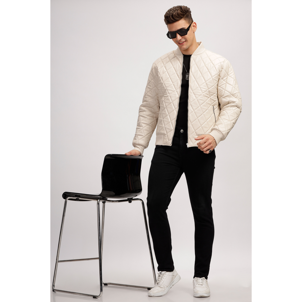 Mens Off White Diamond Quilted Bomber Leather Jacket