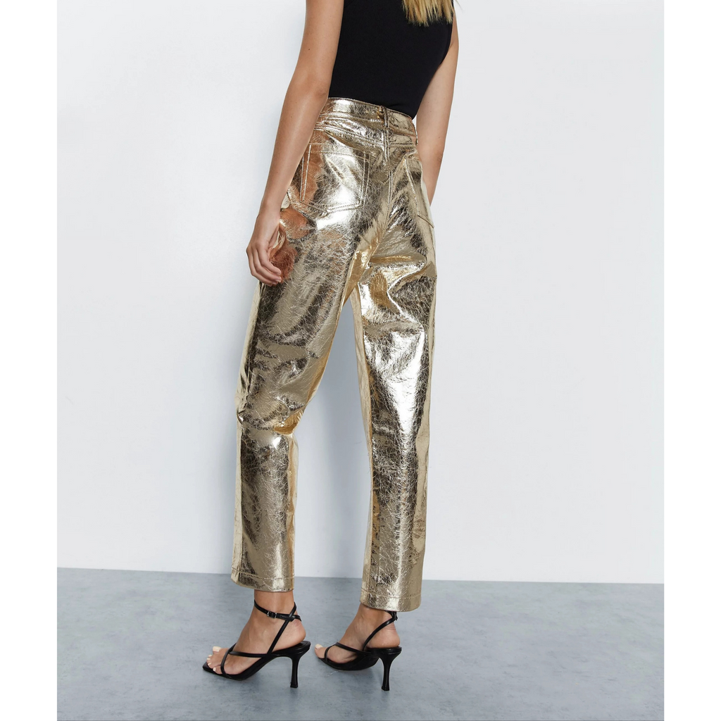 Women's Pink Crackle Metallic Foil Straight Leg Western Leather Pants