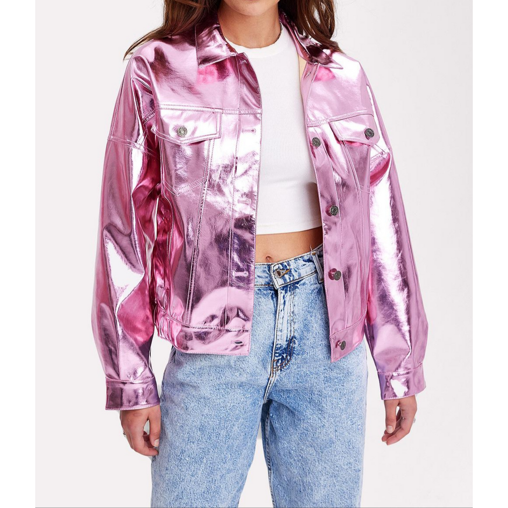 Women's Pink Metallic Foil Denim Style Genuine Leather Shacket