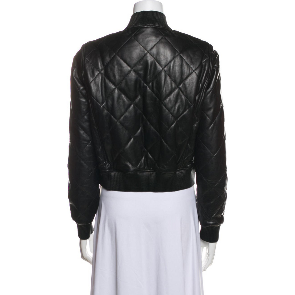 Women's Black Quilted Puffer Cropped Bomber Style Leather Jacket