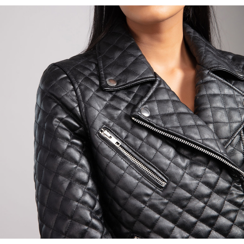 Women's Black Quilted Motorcycle Biker Leather Jacket