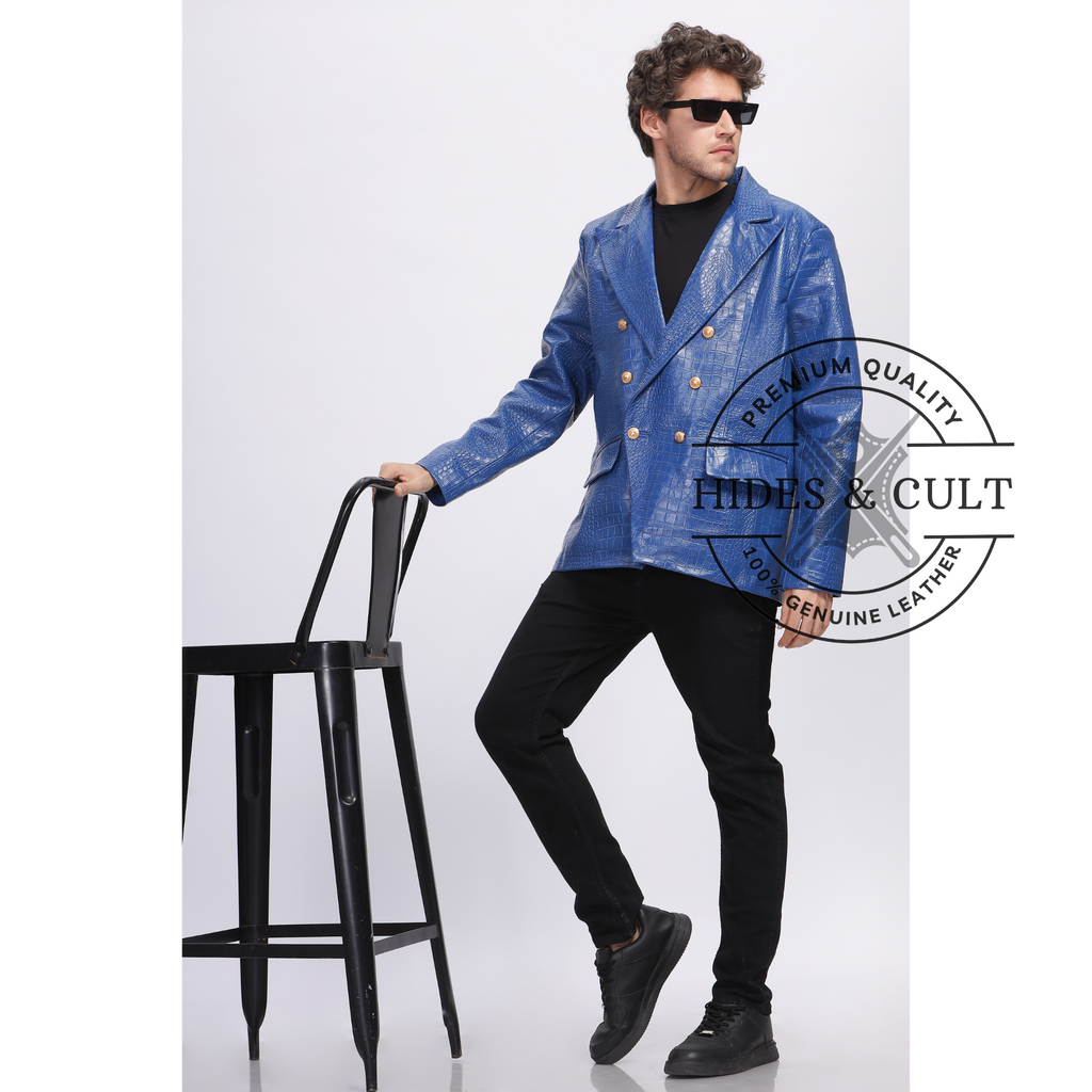 Mens Electric Blue Double Breasted Croc Leather Blazer