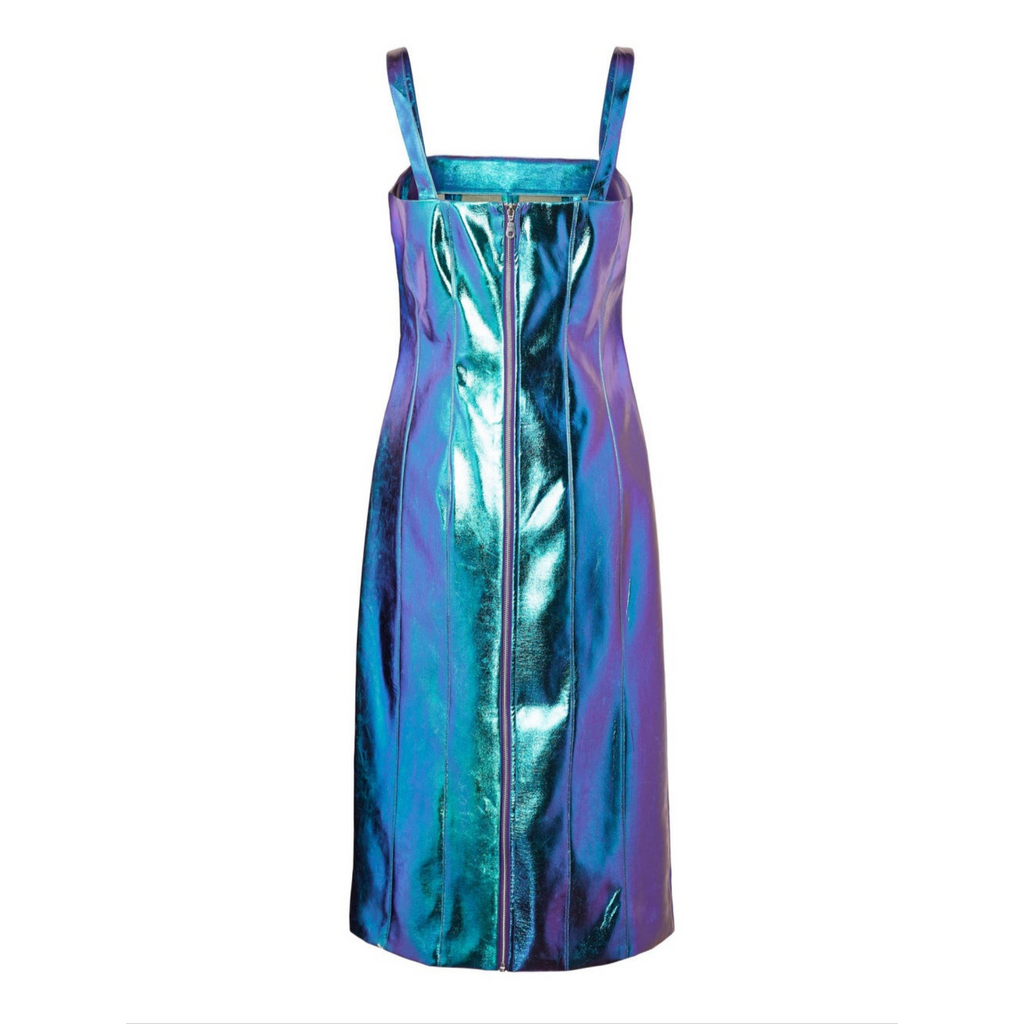 Women's Iridescent Blue Metallic Foil Panelled Leather Dress