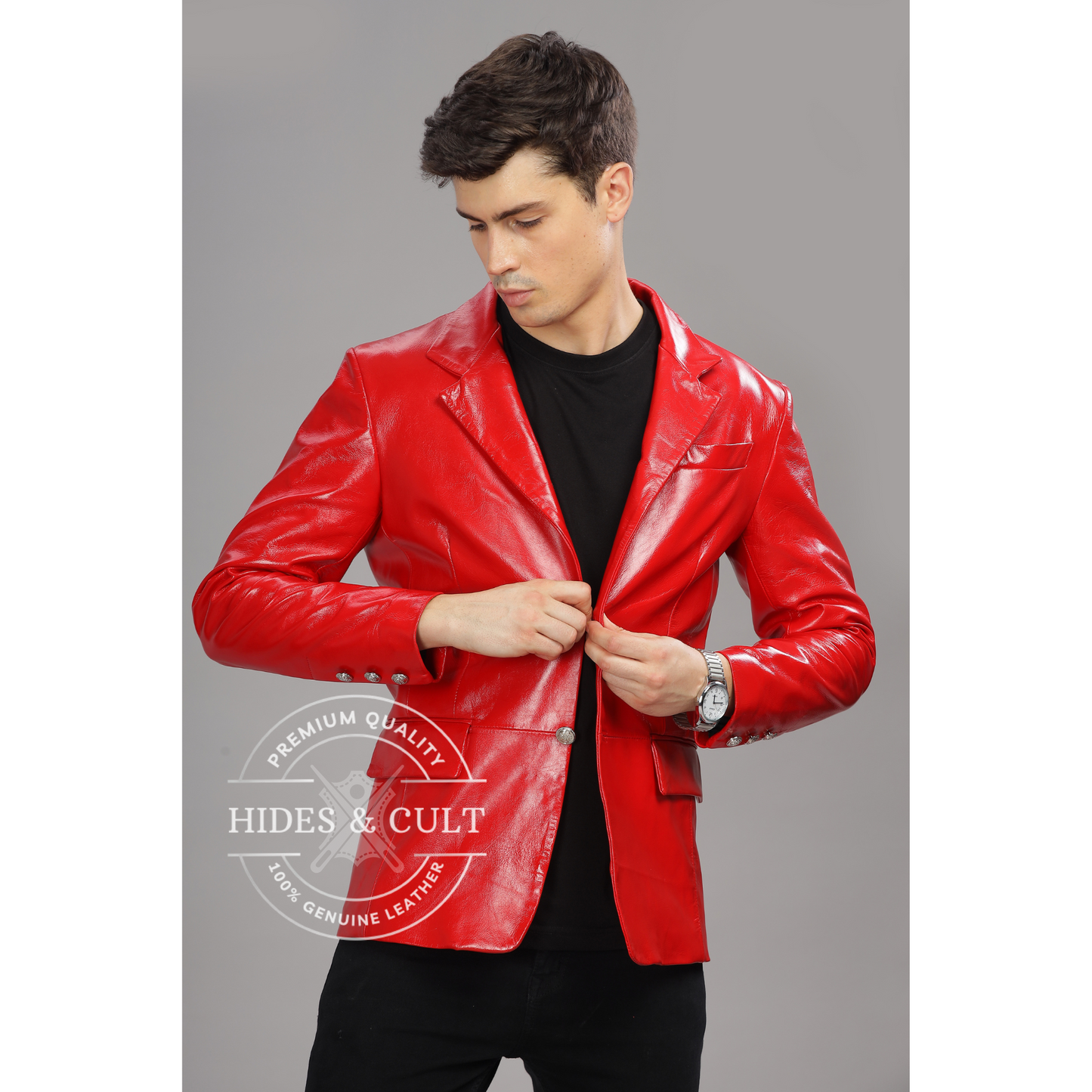 Men's Red Slim Fit Business Leather Blazer