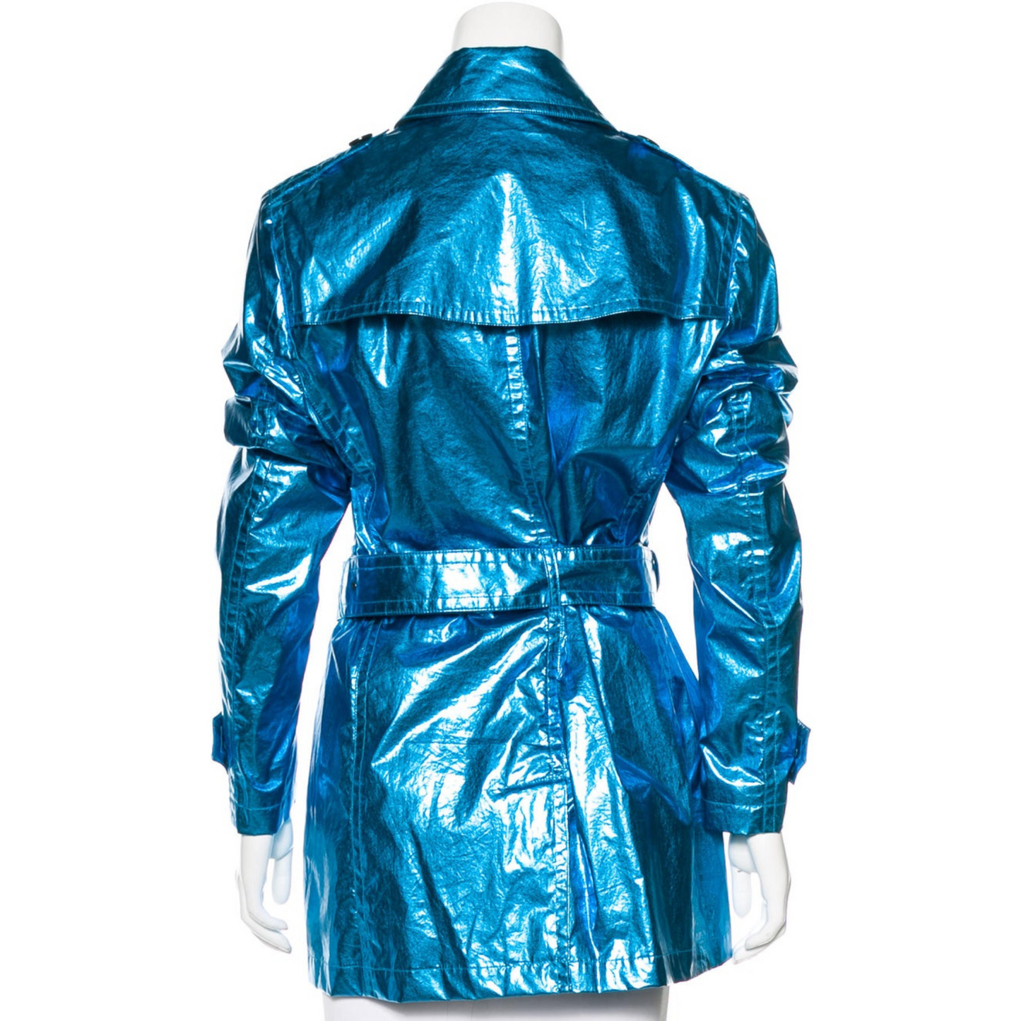 Women's Light Blue Metallic Foil Effect Double Breasted Short Leather Trench Coat