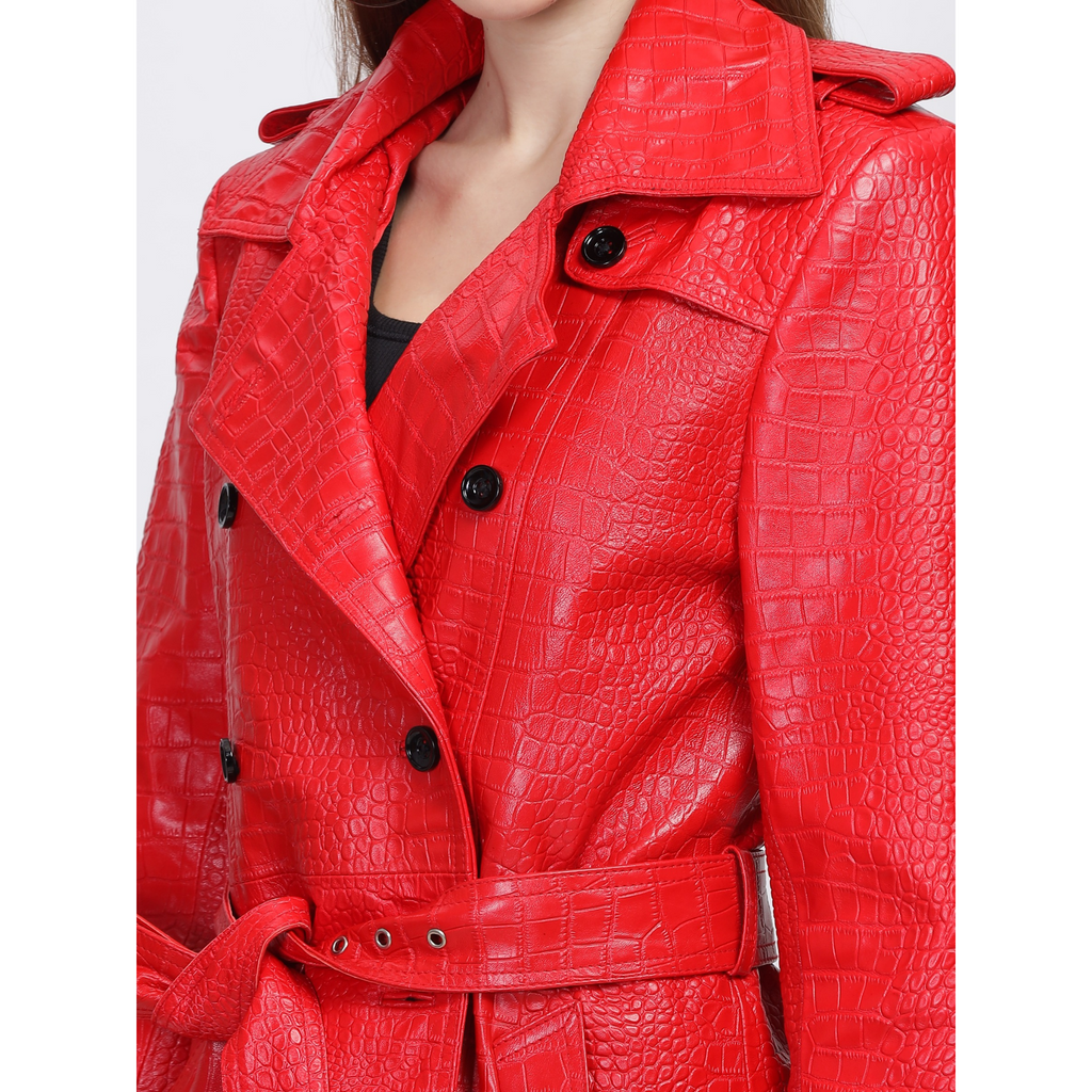 Womens Red Croc Embossed Effect Double Breasted Leather Trench Coat