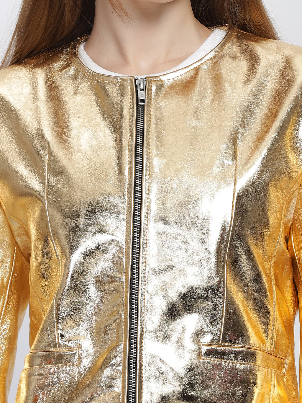 Women's Gold Metallic Foil Effect Round Neck Cropped Real Leather Jacket
