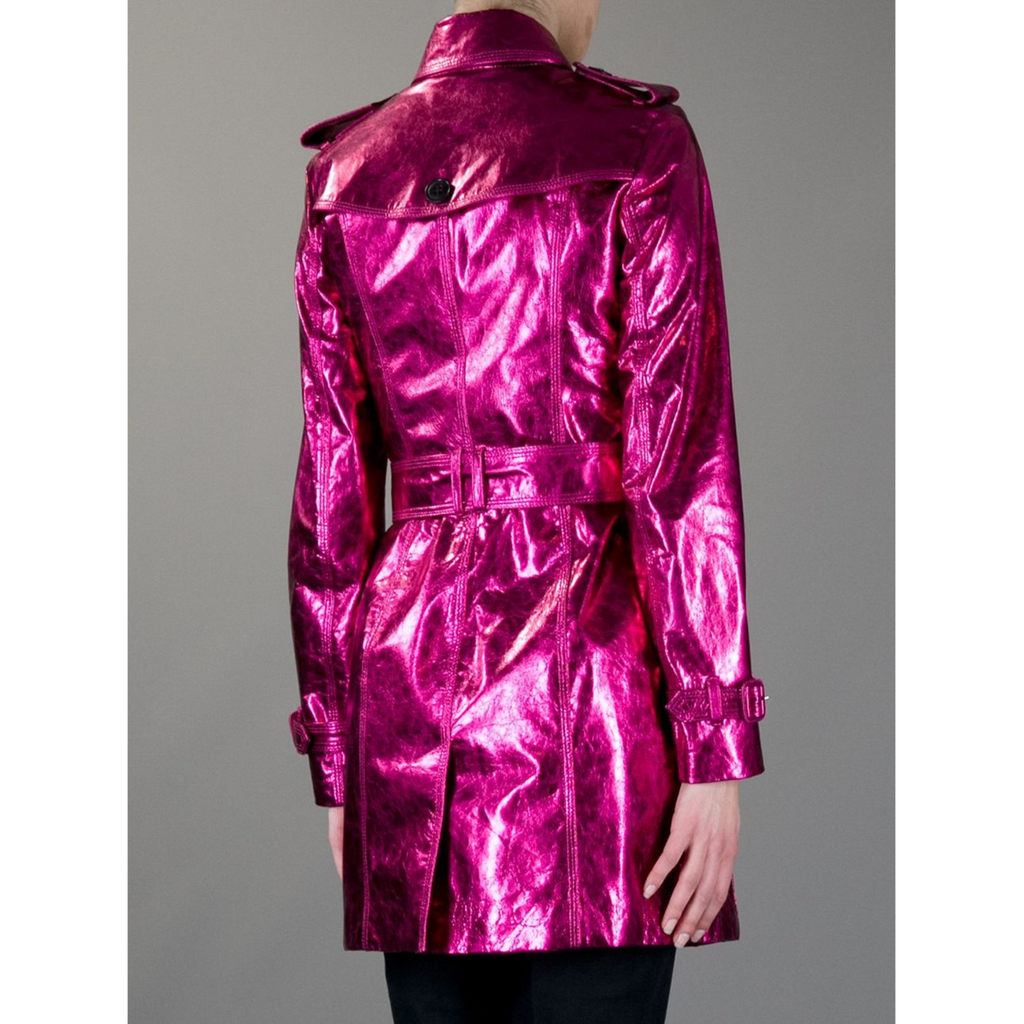 Womens Fuchsia Pink Metallic Foil Effect Double Breasted Real Leather Trench Coat