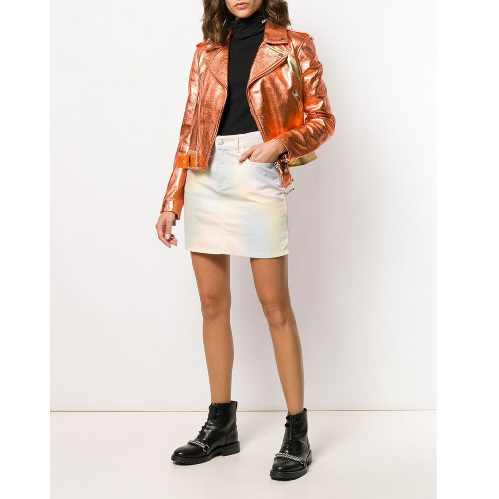 Women's Orange Gold Two Tone Metallic Foil Effect Motorcycle Biker Leather Jacket