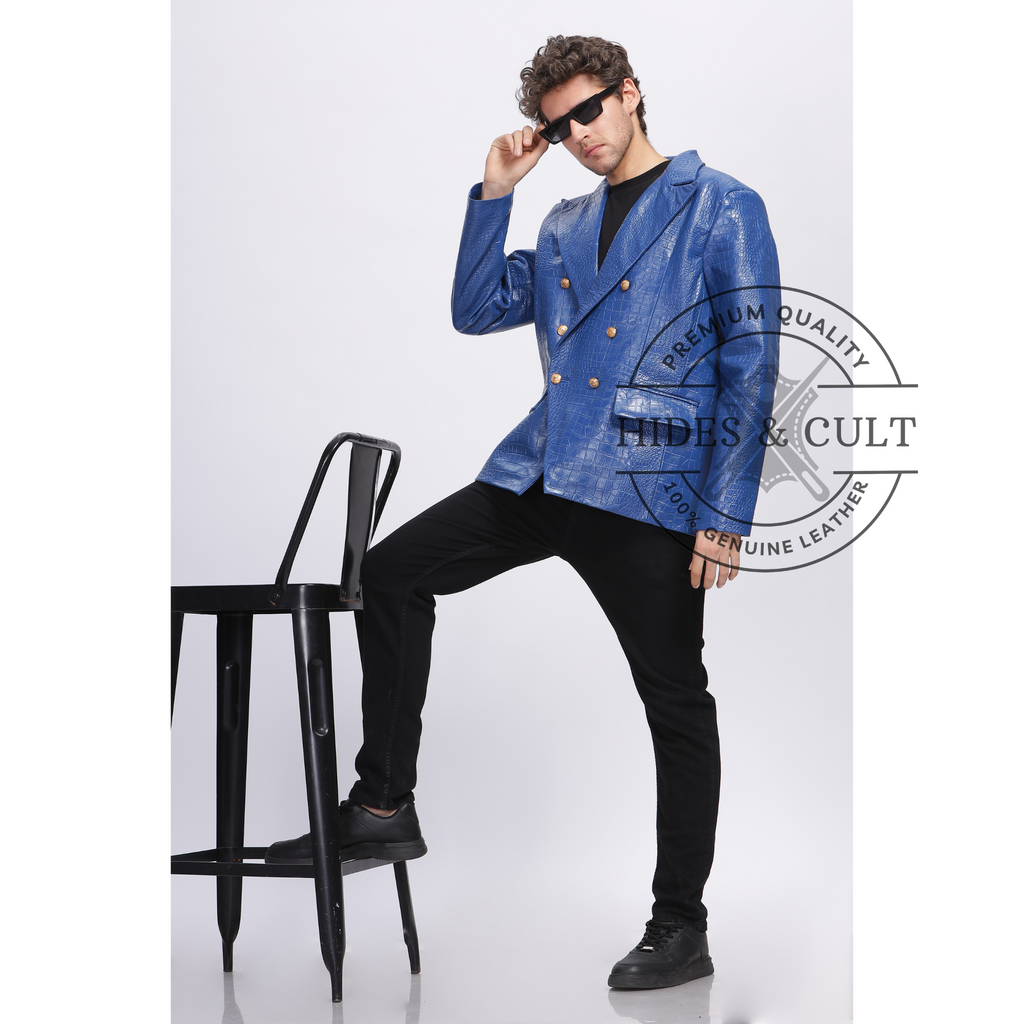 Mens Electric Blue Double Breasted Croc Leather Blazer