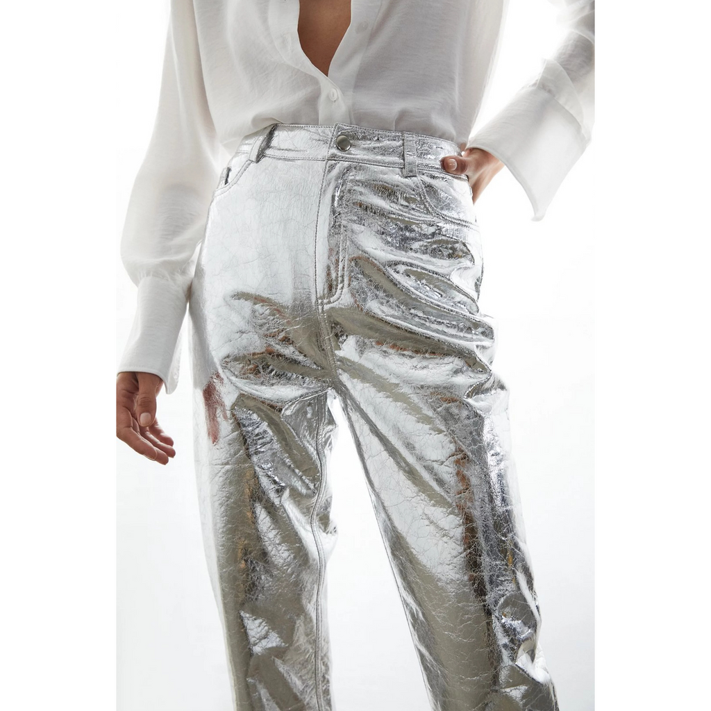 Women's Pink Crackle Metallic Foil Straight Leg Western Leather Pants