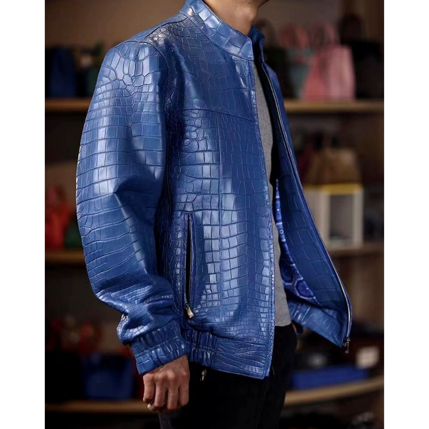 Mens Blue Croc Embossed Effect Elasticated Leather Jacket