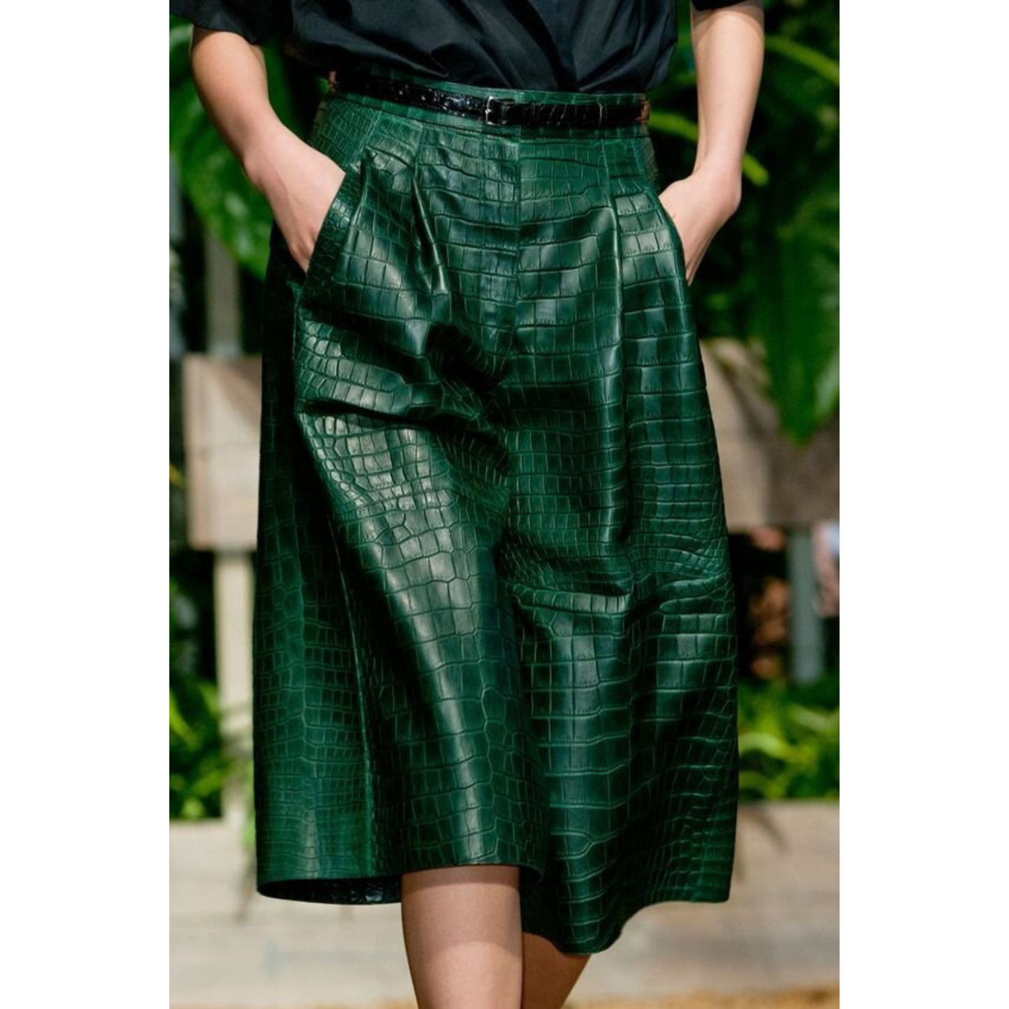 Women's Emerald Green Croc Embossed Effect Panelled Genuine Leather Skirt | Hides&Cult