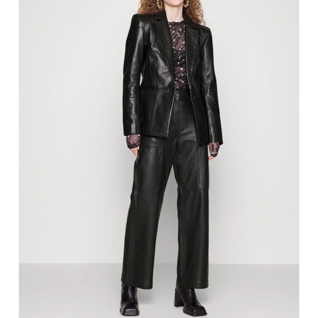 Women's Green Single Buttoned Genuine Leather Blazer