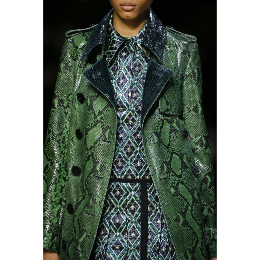 Women's Green Snake Print Effect Double Breasted Real Leather Trench Coat