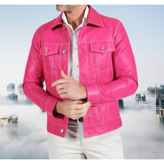 Mens Hot Pink Slim Fit Denim Trucker Leather Jacket