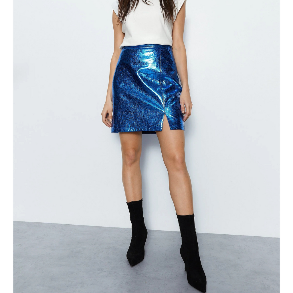 Womens Electric Blue Crush Metallic Foil EffectGenuine Leather Mini Skirt