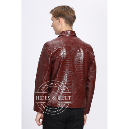 Mens Maroon Croc Detail Leather Jacket